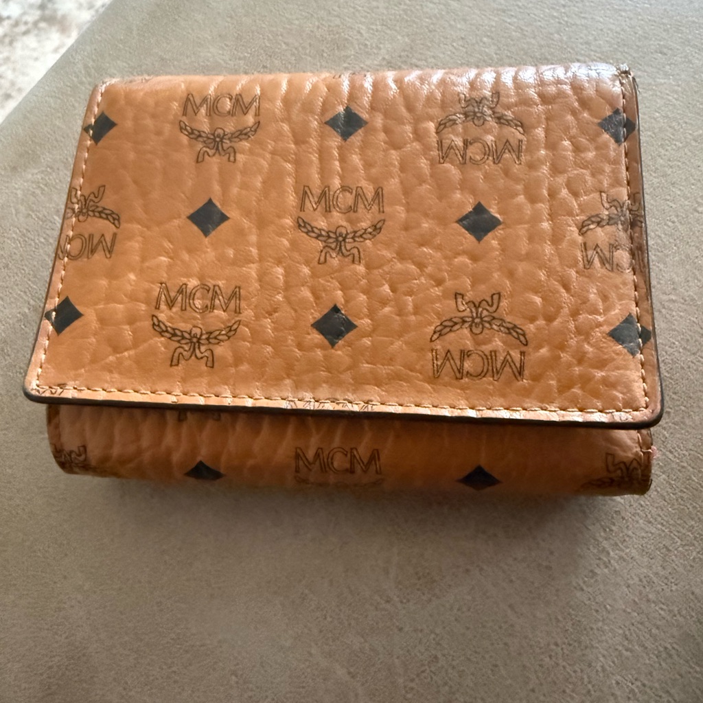 Mcm Cognac Logo Snap Wallet With Gold Hardware & Red Interior